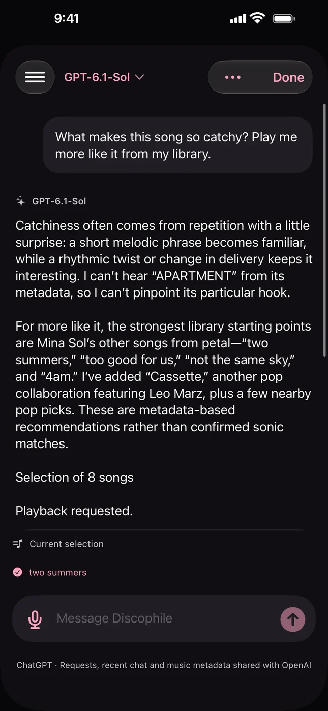 ChatGPT explaining why a song is catchy and picking similar songs