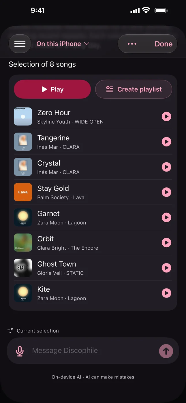 A playlist generated on the iPhone, with Play and Create playlist