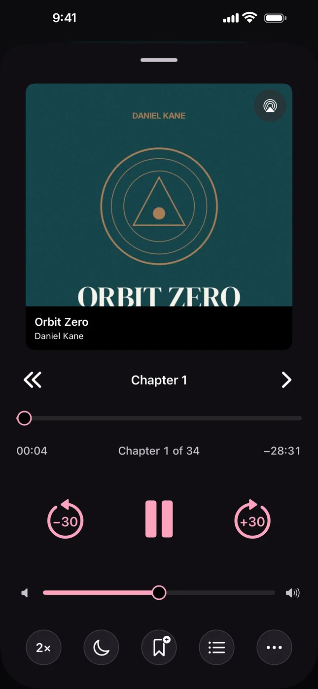The audiobook player on chapter 1 with skip buttons and speed