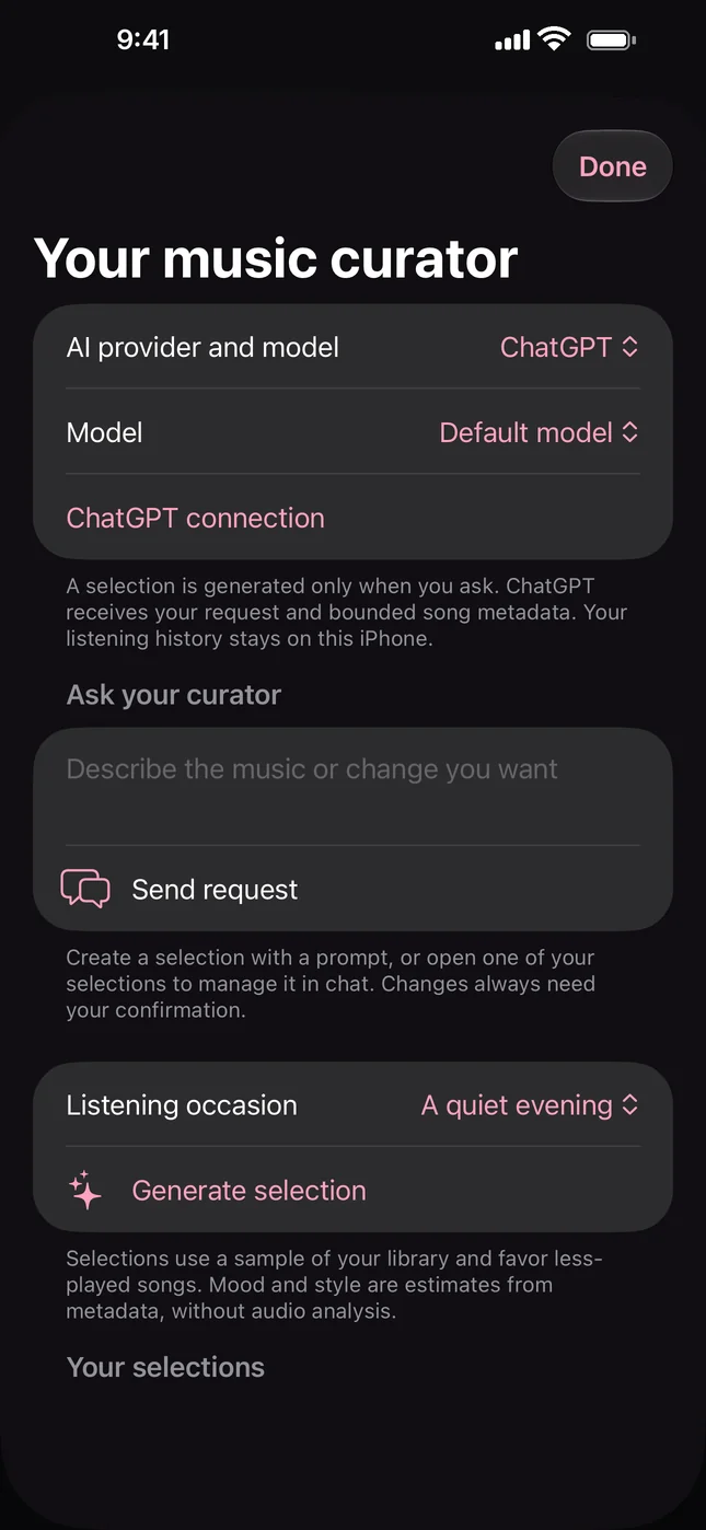 The curator screen with provider, model and listening occasion
