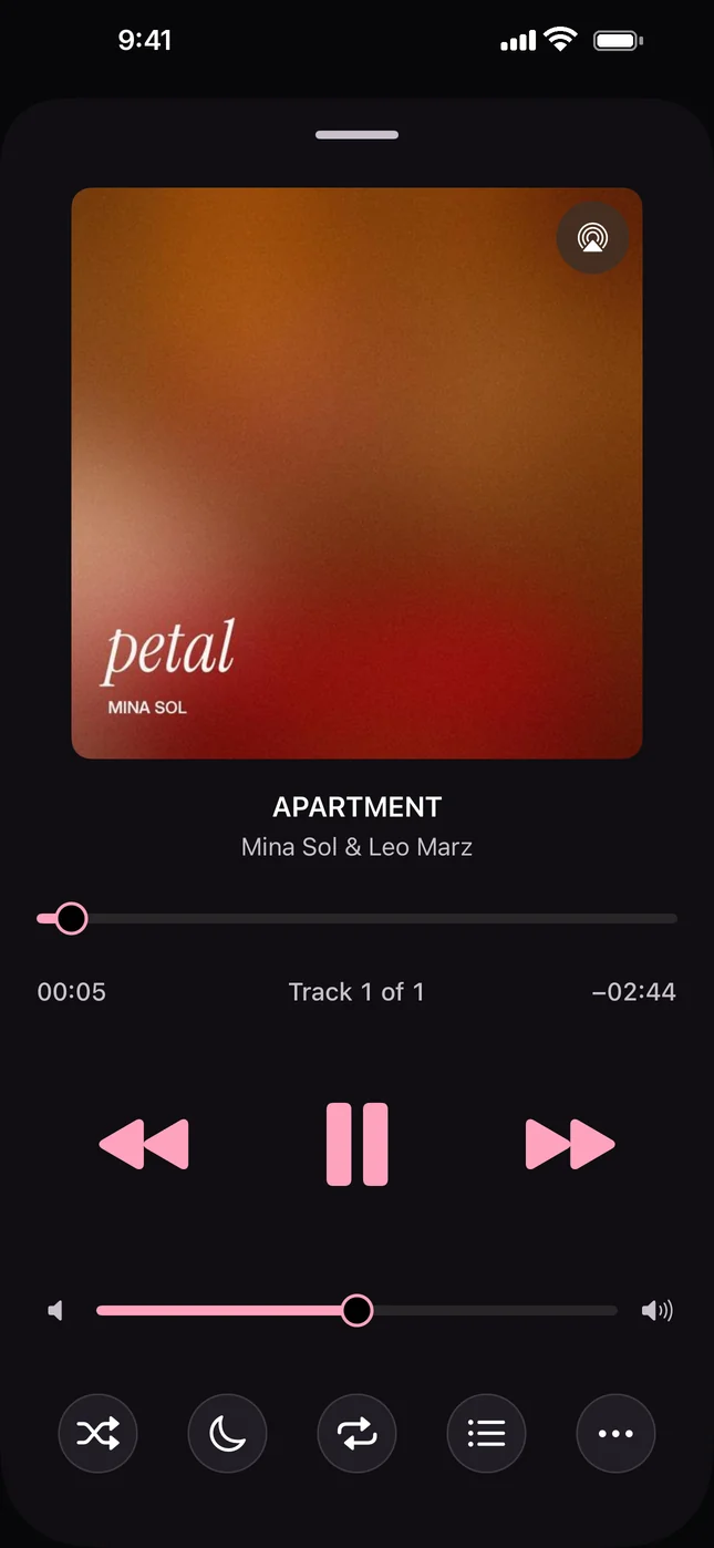 Now Playing with large artwork, timeline and transport controls