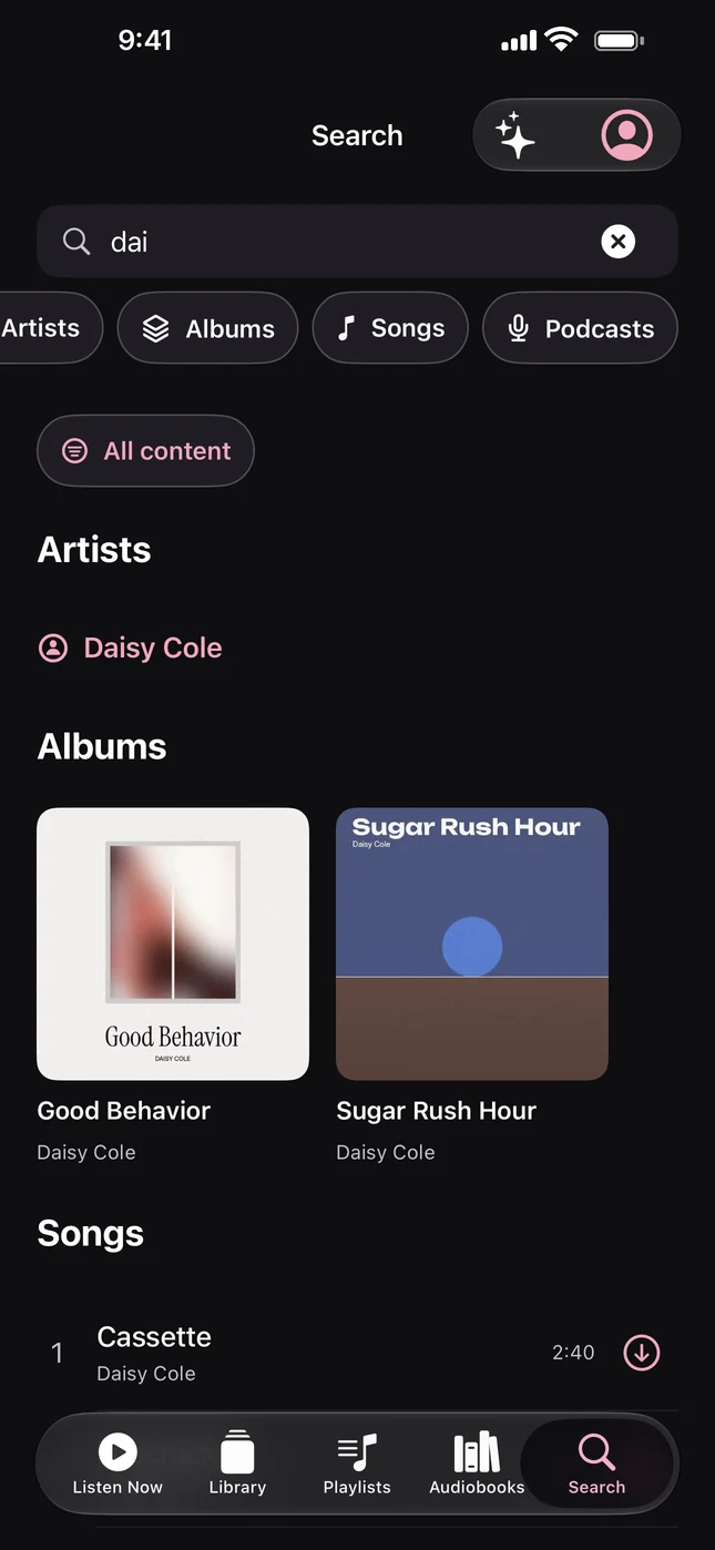 Search results for artists, albums and songs